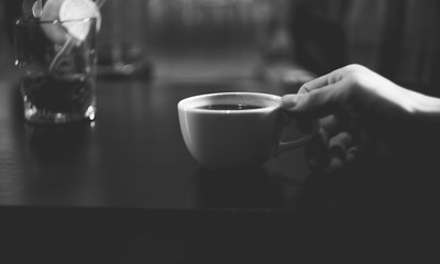 coffee, hand, black and white