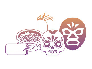 wrestler mask and sugar skull with mexican food over white background, vector illustration