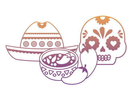 Mexican hat and sugar skull with mexican food over white background, vector illustration