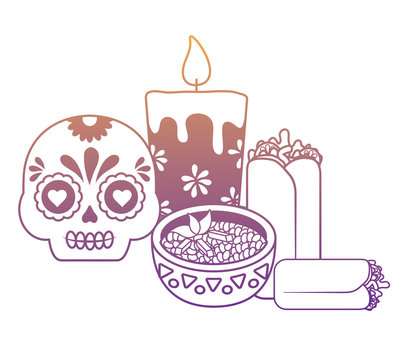 sugar skull and candle with mexican food over white background, vector illustration