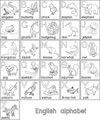 Coloring page. English alphabet with pictures of different cartoon animals and titles for children education