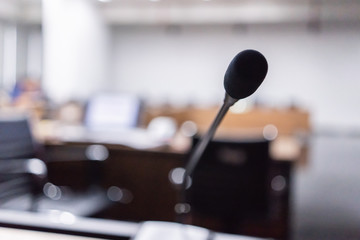Microphone over the blurred business forum or Conference Training Learning Room Concept, Blurred background