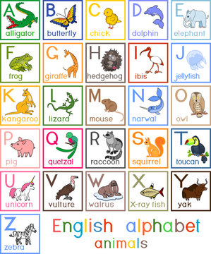 Colorful english alphabet with pictures of different cartoon animals and titles for children education