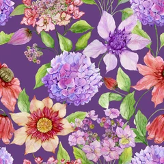 Meubelstickers Beautiful clematis and hydrangea flowers with green leaves against purple background. Seamless floral pattern. Watercolor painting. Hand painted illustration. © katiko2016