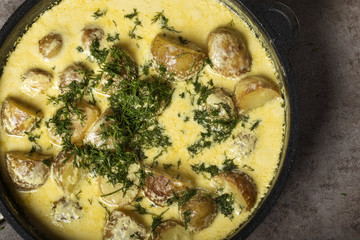 Pan with new potatoes and sour cream sauce with fresh green dill