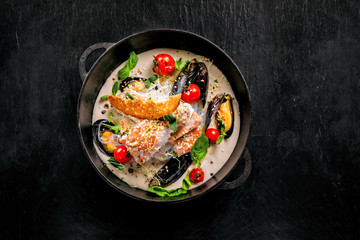 Seafood and rice noodles in cream sauce. Healthy meal made of sea bass fish, mussels, crab meat and other seafood with tomato and rice noodles. Top view.