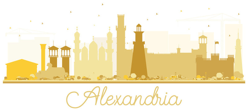 Alexandria Egypt City Skyline Golden Silhouette.