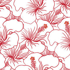 Red and White Hibiscus Seamless Pattern. Hawaiian Aloha Shirt Background. - obrazy, fototapety, plakaty