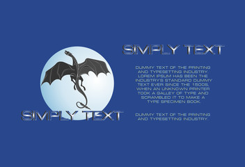 Dragon against the background of the full moon. Blue background with place for text. Mythical animal. Vector symbol. Emblem, poster, banner.