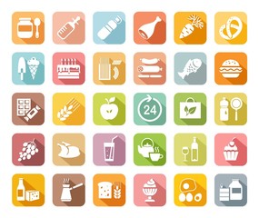 Food, colored, flat icons, vector. Grocery store. Food and drinks, production and sale. White drawings on a colored field with a shadow. Vector clip art.  