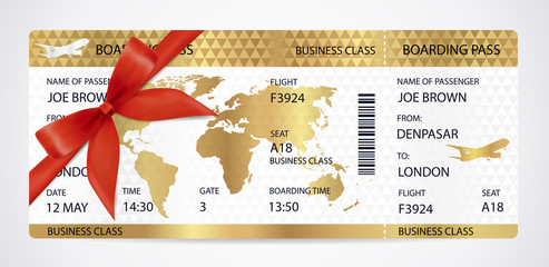 Golden Boarding pass (ticket, traveler check template) with aircraft (airplane or plane) silhouette, red bow, ribbon on gold guilloche background. Travel by Aerial Transport. Vacation. Isolated