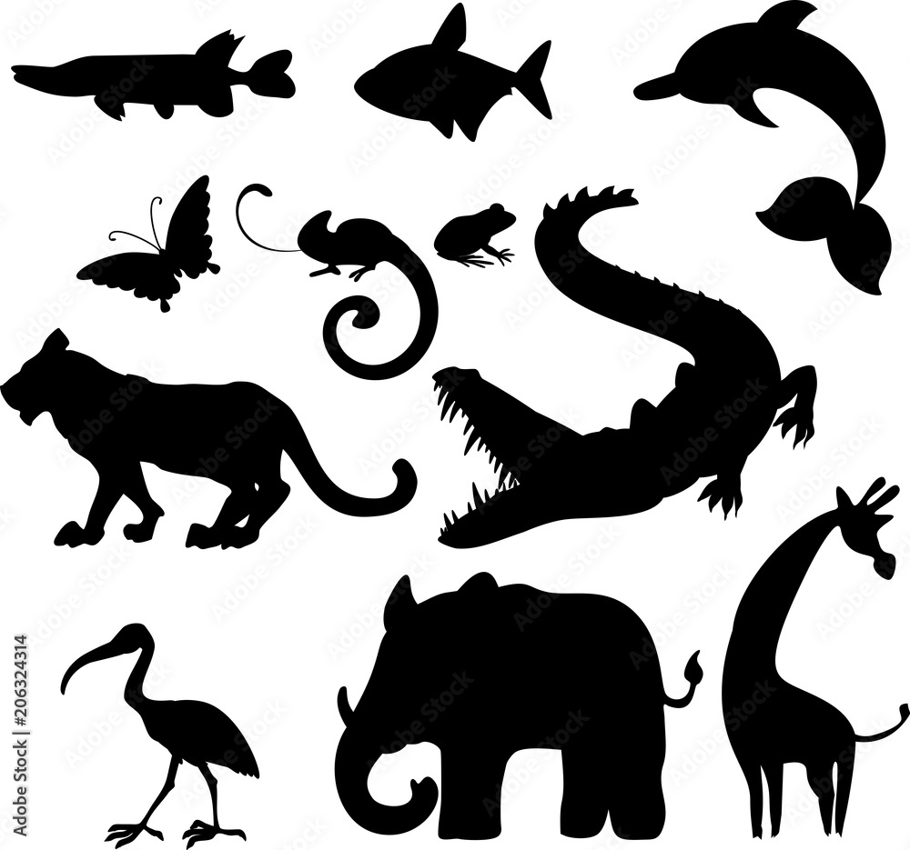 Wall mural Set of silhouettes of different cartoon animals - Wall murals