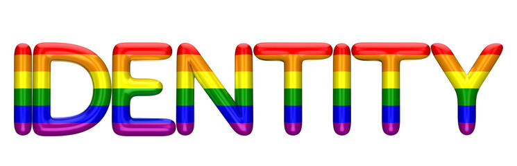 Identity word made from shiny LBGT gay pride rainbow letters. 3D Rendering