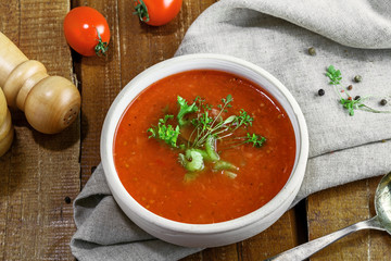 Delicious Spanish gazpacho. Delicious vegan soup on a table.