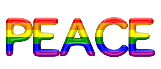 Peace word made from shiny LBGT gay pride rainbow letters. 3D Rendering