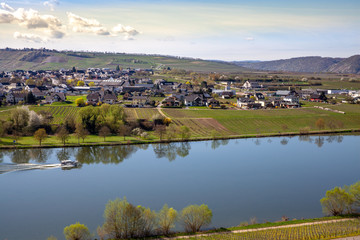 Mosel River and Vineyards Landscape at Piesport Rheinland Pfalz Germany