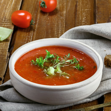 Delicious Spanish gazpacho. Delicious vegan soup on a table.