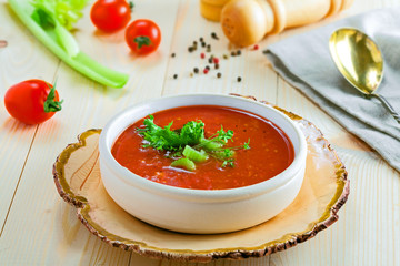 Delicious Spanish gazpacho. Delicious vegan soup on a table.