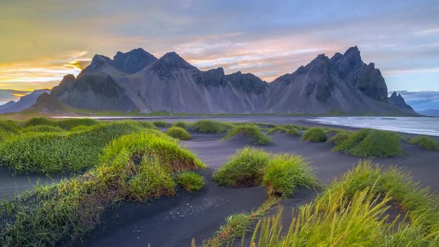 4k Timelapse Movie of Beautiful Sunset Scene Mountain vestrahorn in Iceland, Summer Season