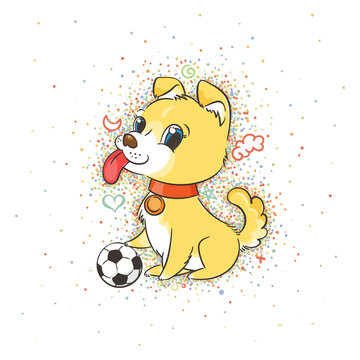Cute puppy with a soccer ball, card or print concept.
