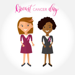 Stock vector illustration of two womans with silk pink ribbon.