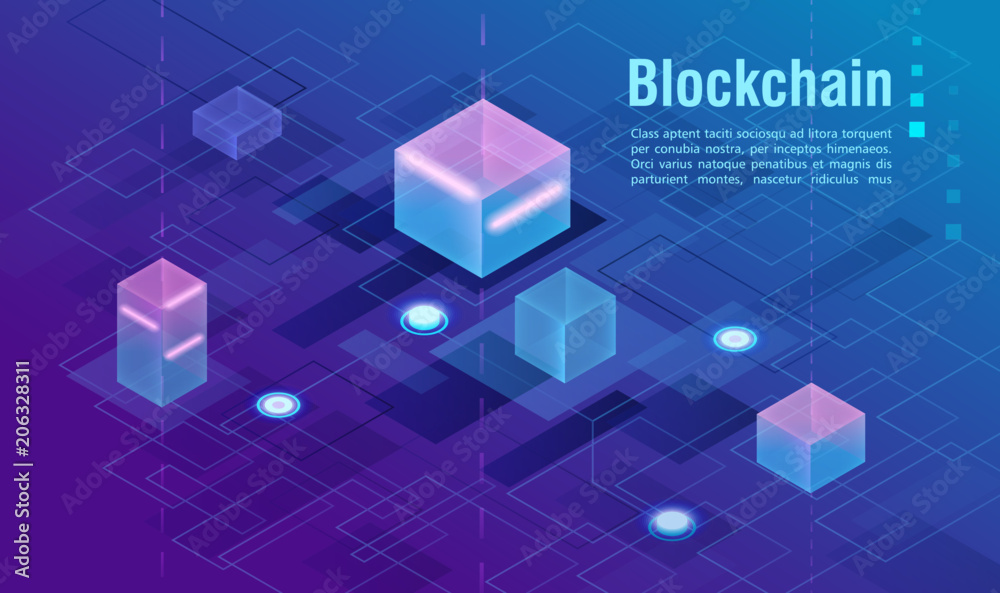 Poster Cryptocurrency and blockchain concept, data powered center, cloud data storage isometric vector illustration. Web design, presentation banner.