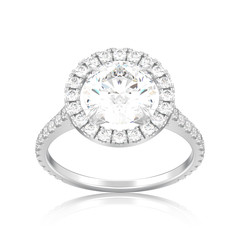 3D illustration isolated silver engagement wedding round diamond ring with reflection