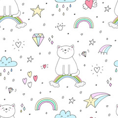 Hand drawn seamless pattern with cute cat on a rainbow, doodle illustration for kids vector print