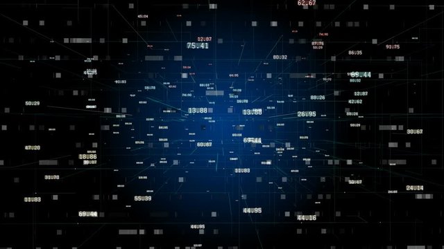4k Business Data wall,Financial figures through cyberspace.Data technological network crunching numbers,Stock Market.