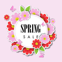Spring sale background with beautiful flower, vector illustration template
