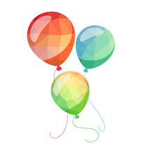 Low Poly holiday balloons greeting card. Red blue and green vector .