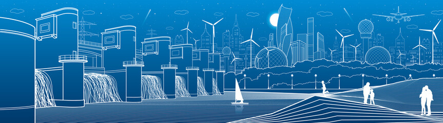 City infrastructure industrial and energy illustration panorama. Hydro power plant. River Dam. People walking. Airplane fly. White lines on blue background. Vector design art