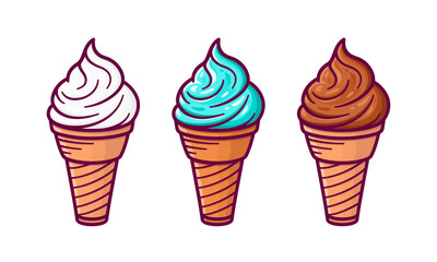Ice cream in the waffle cone with vanilla, chocolate and pistachio taste isolated on white background. Set of vector flat outline icons. Cute cartoon style illustration for product design