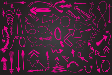 Hand drawn vector arrow collection. Bright pink scetched arrows on black chalk board background