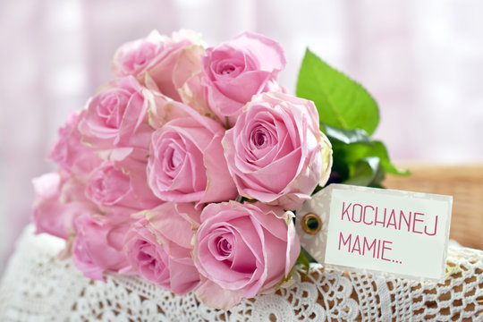 bunch of pink roses for Mother Day Day in Poland with text -for dear mom
