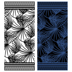 Beach towel vector design with palm leaves and borders. Monochrome abstract towel designs.