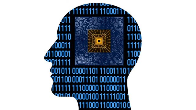 4k Brain head connect  the matrix style binary code,people man thinking expanding AI chip circuit cpu artificial intelligence science,future tech animation creative background.