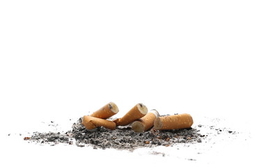 Cigarette butts, stubs with ash isolated on white