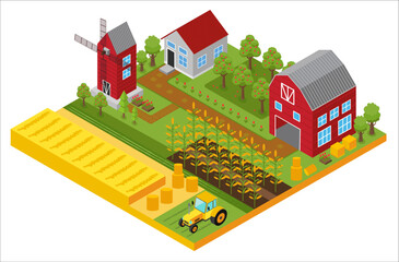 Rural 3d farm isometric template with mill, garden, trees, agricultural vehicles, farmer house and greenhouse game or app vector illustration.