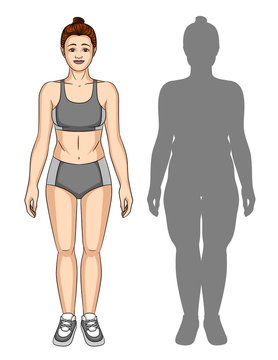 Vector colorful illustration of young sportive shape woman standing near fat shadow silhuette. Body transformation of girl in sportswear