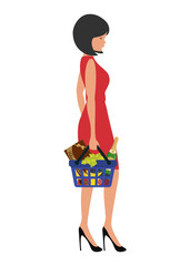 Young woman in a red dress with shopping basket in her hand. There is a bottle of champagne, a box of chocolates, sausage, grapes, bananas and other products in the picture. Shopping concept. Vector