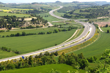 view of the ,Eix Transversal de Catalunya ,motorway from Montfalco Murallat, LLeida province, Catalonia, Spain
