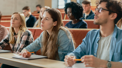 In the Classroom Multi Ethnic Students Listening to a Lecturer and Writing in Notebooks. Smart Young People Study at the College.