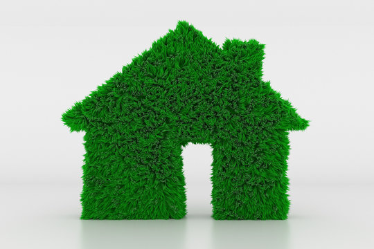 3D Illustration, Shape of a House Sign with green Grass