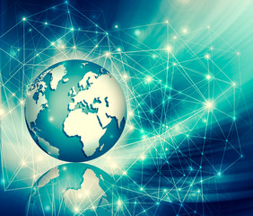 Best Internet Concept of global business. Globe, glowing lines on technological background. Wi-Fi, rays, symbols Internet, 3D illustration