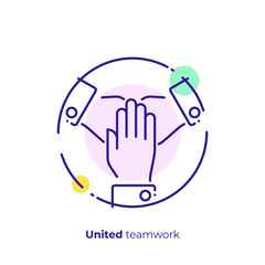 line art united hands. Pile of arms. Team building. Scalable vector icon in modern lineart style. outline elements vector illustration.
