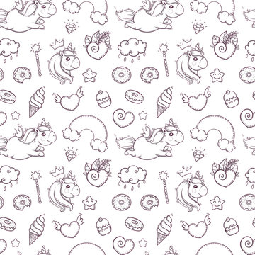 Seamless pattern of hand drawn unicorns on white background. Coloring page for kids and adult. Vector illustration.