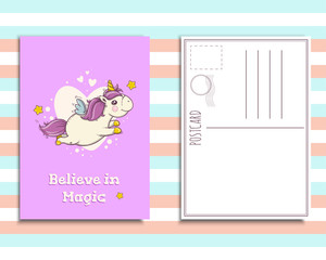 Postcard invitation template with cute unicorn