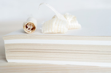 Wooden shavings of a stack of paper sheets. The concept of recycling of natural resources.