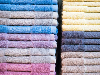 Background texture of Pile of colorful clean towels.